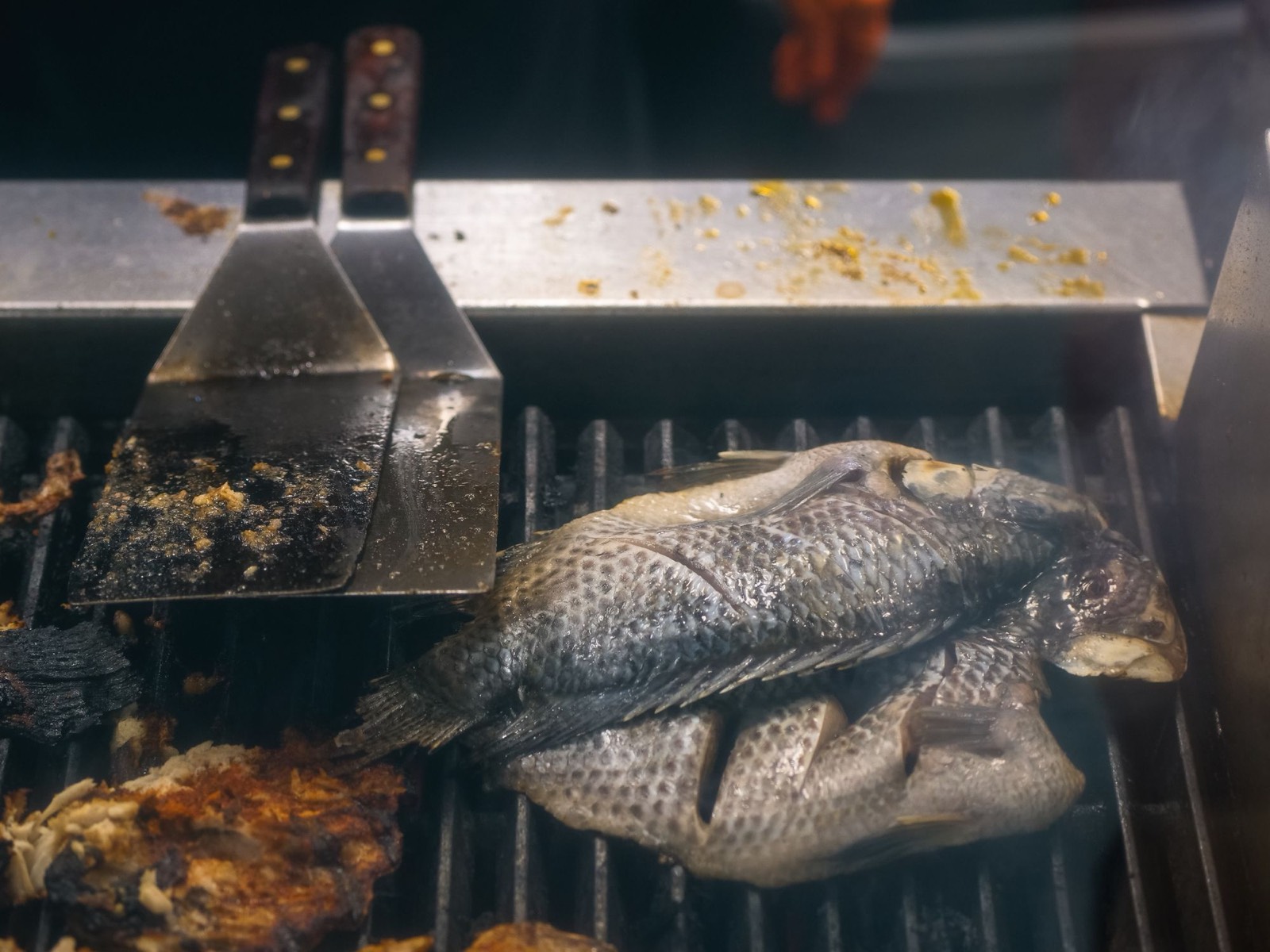 炭火の網の上で焼かれる大ぶりの魚